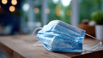 Close-up of face mask folded on table, post-pandemic social awareness theme
