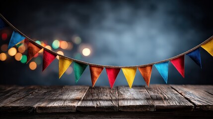 A colorful banner of triangular flags hangs above a rustic wooden table, creating a festive atmosphere against a blurred background of lights.