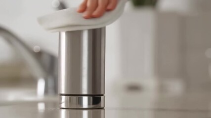Hand cleaning metal dispenser in kitchen counter setting with cloth wiping motion