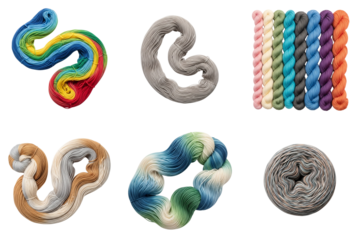 Skeins of colorful yarn in unique shapes and patterns for knitting and creative projects
