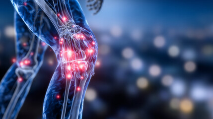 Advanced medical CGI showing semi-transparent human bones, intense red heat-map style highlights on knee, ankle, and wrist joints symbolizing joint degeneration and osteoporosis, c