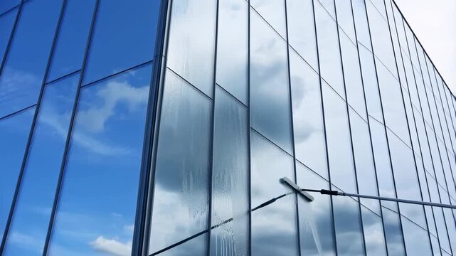 Modern building window cleaning with skyscraper reflections and passing clouds