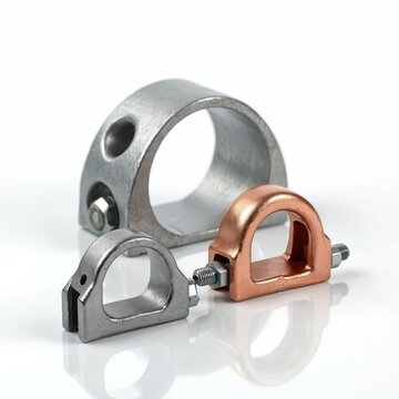 Three clevis hangers shown against white backdrop. Metallic hardware demonstrates plumbing equipment, pipe support structure. Fastener tool utilized in building. Metallic details show pipeline