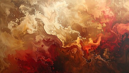 An abstract display, swirling gradients of red, orange, and brown resemble celestial clouds or an ethereal fire