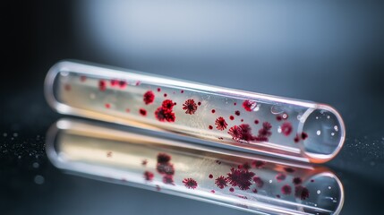 Macro photo of test tube containing cultured gut bacteria in lab setting. Microbiology, probiotic research, science experiment, health study, detailed scientific image.