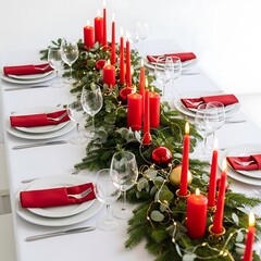 Christmas Table Setting with Red Candles and Green Garland on White Tablecloth