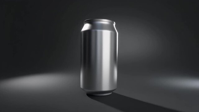 A sleek, metallic beverage can stands in a dramatic spotlight against a dark, moody background, casting a subtle shadow