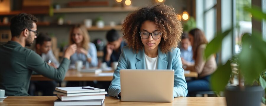 Woman with curly hair wears glasses using laptop at table in cafe. People work and study in coffee shop background. Students collaborate indoors with books and devices.