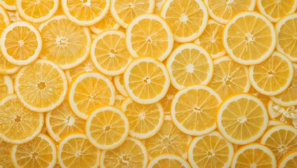 Bright and vibrant background composed of thinly sliced lemon and orange wheels, suitable for food blogs, recipe websites, or citrus themed designs.
