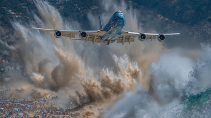 Epic travel and aviation visual of a large aircraft flying dangerously close to beach level, roaring engines, dramatic wind and sand effects, vibrant ocean backdrop, energized crow