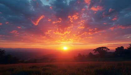 Fototapeta premium Dramatic sunset sky over rolling hills and landscape