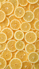 Many lemon slices arranged in a vibrant yellow display for food blogs, recipe websites, kitchen decor, and summer themed designs.