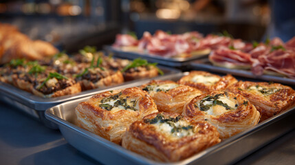 Obraz premium Premium party buffet visual showcasing assorted gourmet appetizers, puff pastry sausage rolls arranged with precision, fresh mini sandwiches, rich quiche bites, and thin prosciutto