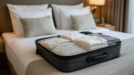 Professional travel photography scene capturing an open suitcase on a hotel bed, organized clothing and essentials arranged symmetrically, soft shadows, neutral palette, anticipati