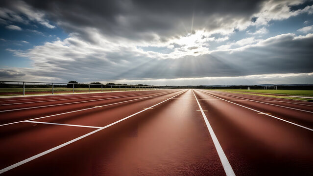 Long view of an empty red running track stretching into the distance under cloudy sky