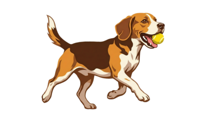 Beagle dog walking with a yellow tennis ball in its mouth, colorful flat illustration on white background, playful pet concept.