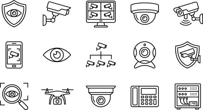 Security surveillance camera line icons set for CCTV monitoring protection smart home safety technology systems vector illustration