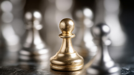 Macro perspective of a single golden pawn among silver pawns, polished metal textures, soft directional lighting emphasizing prominence, symbolic visualization of business leadersh