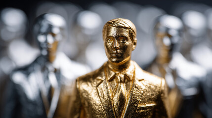 Close-up of a golden businessman figure standing out in a crowd of identical silver men, sharp focus on gold figure, blurred background, highlighting leadership, personal excellenc