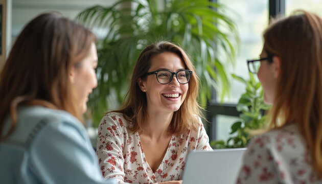Three young woman talk about wellness at workplace. Joyful lady wears glasses at consultation. Wellbeing program improve women mental health in team. Positive communication at work improves