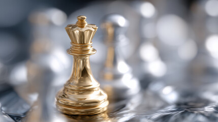 Macro visualization of a golden chess pawn standing out from silver pawns, strong contrast between gold and silver, reflective metallic surfaces, symbolic concept of business leade