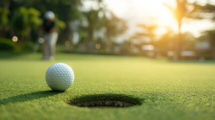 A golfer prepares to putt as a golf ball rests near the hole on a lush green course, illuminated by warm sunlight.