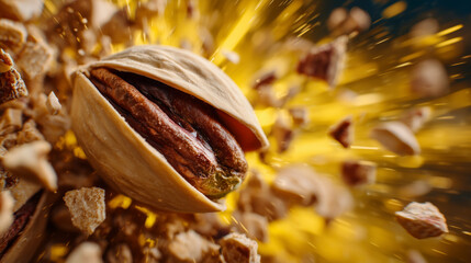 Cinematic close-up of a pistachio nut shattering, pieces flying outward in a chaotic yet elegant pattern, vibrant yellow background, high-speed motion capture effect, celebrating f