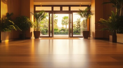 Fototapeta premium A chic hotel entrance with glass doors and minimalist signage.