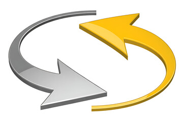 Circular arrows graphic, symbolizing exchange, refresh, reload, and rotation in bright metallic silver and gold colors on a white background.