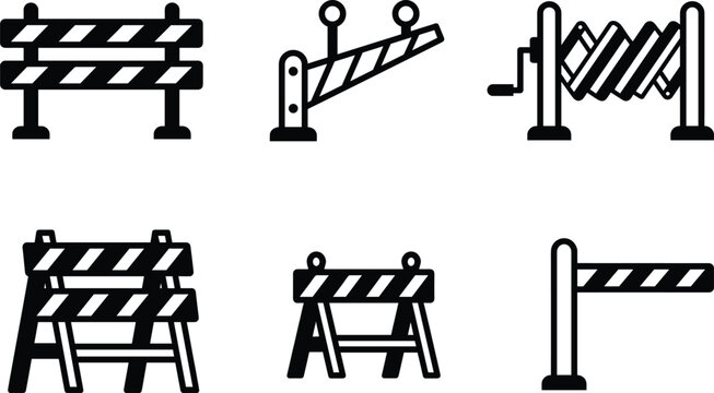 Road barrier safety icons set, construction warning equipment symbols, traffic control obstacles collection, flat black vector illustration design