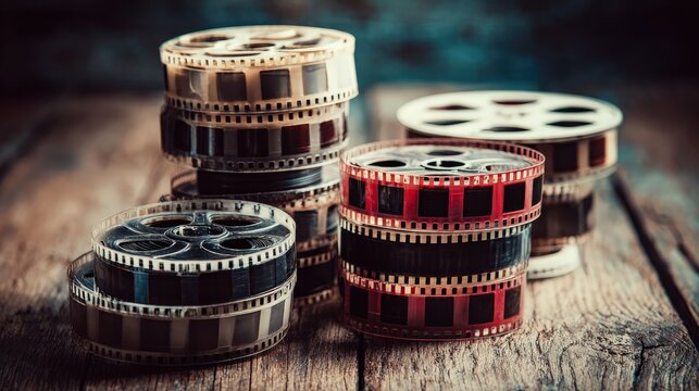 Vintage film reels stacked on a rustic wooden surface, showcasing a nostalgic aspect of cinema history.