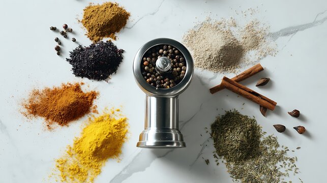 Various spices and a pepper mill on marble surface cinnamon sticks piles of spice - Powered by Adobe