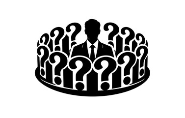 Silhouette of male surrounded by question marks