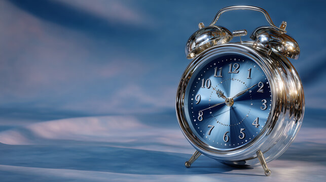 A classic alarm clock with bells on a solid soft blue background, subtle shadow for dimension, high-detail metallic surfaces