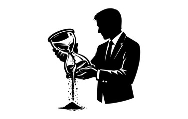 Silhouette of male figure in suit holding hourglass with flowing sand