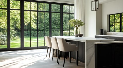 A stylish barstool set against a marble kitchen counter.