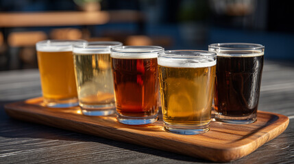 Artistic side view of five beer glasses on a polished wooden tray, soft warm light enhancing the color gradient of the beers, gentle shadows on the tray, highlighting variety and c