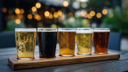 Elegant composition of five different craft beers on a wooden tray, varied hues from pale to dark, textured foam and glass reflections, shallow depth of field, inviting social and