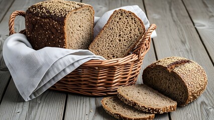 Wholesome dark rye bread generously topped with sesame seeds resting in a rustic wicker basket upon weathered wooden table surfaces creating an appealing arrangement