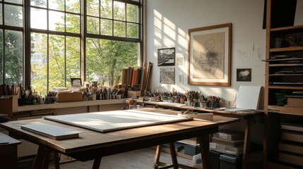 A desk in a creative studio filled with art supplies and colorful sketches.