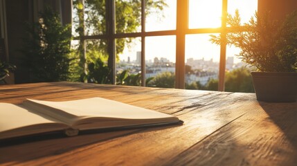 A spacious wooden desk overlooking a scenic city view through a window.
