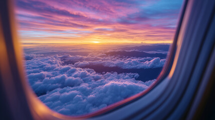 Sunset airplane journey captured from above, clouds glowing with orange and pink tones, distant horizon visible, tranquil aerial view, inspiring sense of wanderlust and adventure