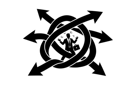 Silhouetted businessman entangled in knot of arrows depicting stress and confusion