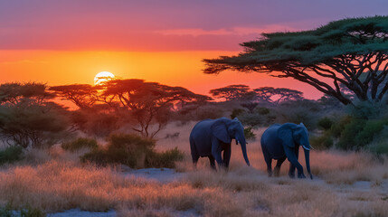 Luxury safari perspective in Botswana, silhouetted elephants crossing a glowing sunset horizon, tall acacia trees, golden light reflecting off dry grass, peaceful and awe-inspiring