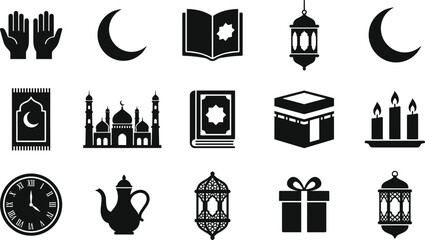 Ramadan islamic icon set, crescent moon quran mosque lantern kaaba prayer mat iftar eid black silhouette vector design illustration symbols © MstRokeya