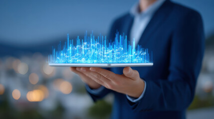 Businessperson tablet with glowing blue data visualization hologram cityscape conveying futuristic analytics and innovation