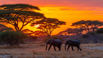 Fototapeta premium Luxury safari perspective in Botswana, silhouetted elephants crossing a glowing sunset horizon, tall acacia trees, golden light reflecting off dry grass, peaceful and awe-inspiring