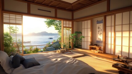 A Japanese style bedroom with tatami mats and sliding paper doors.