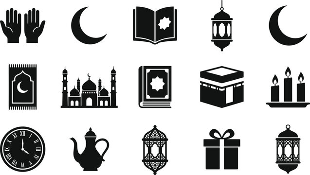 Ramadan islamic icon set, crescent moon quran mosque lantern kaaba prayer mat iftar eid black silhouette vector design illustration symbols