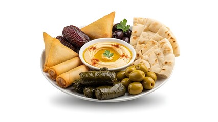 Assorted Middle Eastern Mezze Platter with Hummus, Pita Bread, Dates, Olives, and Fried Delicacies